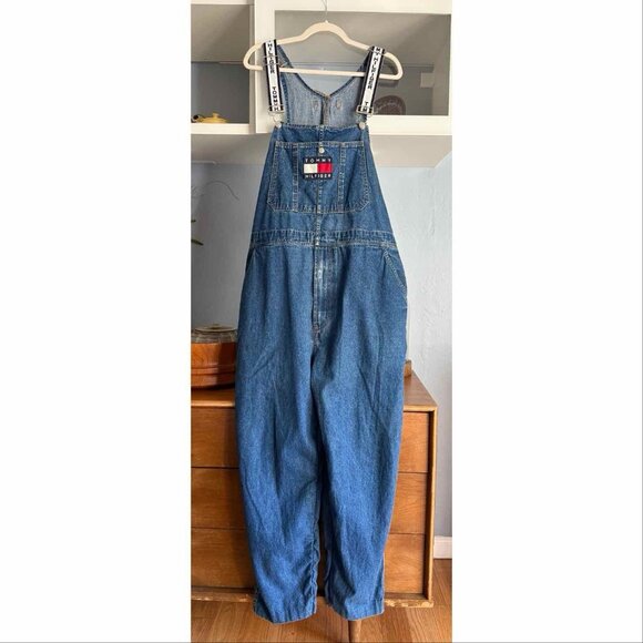 Vintage 90s Tommy Hilfiger Denim Overalls Loose Spellout Hip Hop XL Baggy - Picture 1 of 13